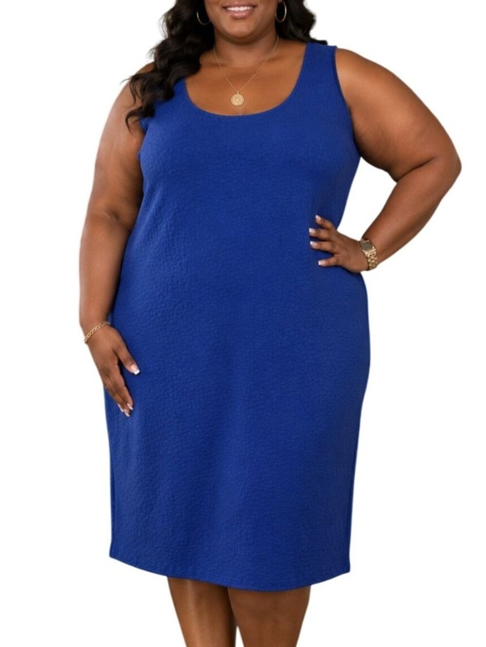 Courtenay Plus Size 2X Dress Sleeveless Textured Blue Back Vent Modern Sheath
